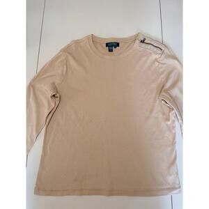 Lauren Ralph Lauren XL Cotton Long Sleeve Top Shoulder Zip Beige